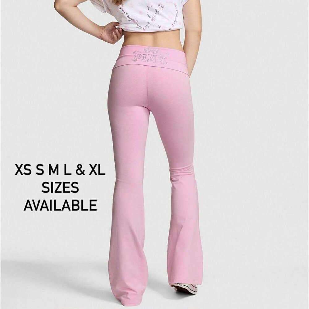 VS PINK x LoveShackFancy Foldover Flare Leggings in PINK LOLLIPOP XS-XL & SHORT
